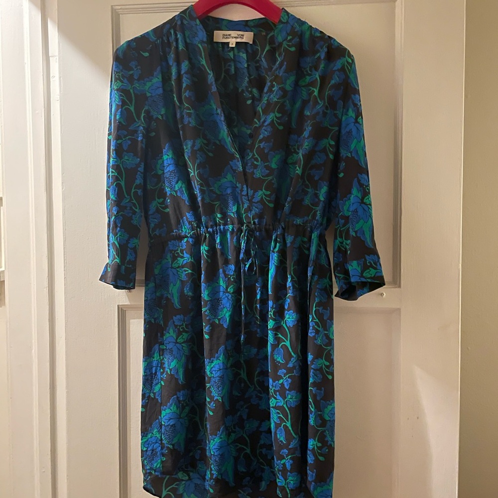 DVF Floral Blue and Green Work Dress